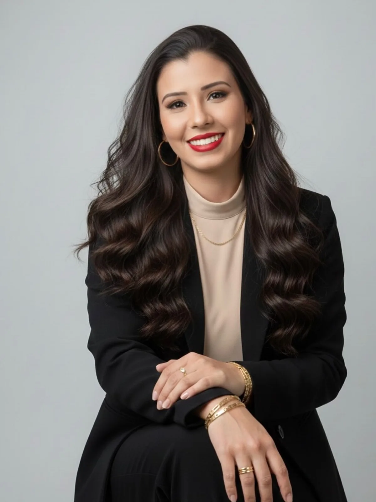 Giovanna Pinheiro, advogada, sorrindo, de blazer preto e blusa bege, com cabelos longos e ondulados.